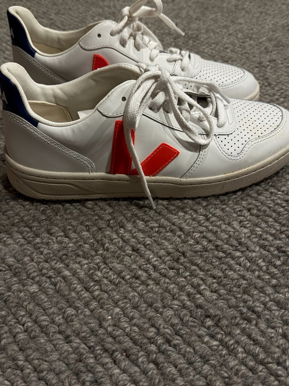 Men’s Veja V-10 Leather Sneaker in White with Orange Accent